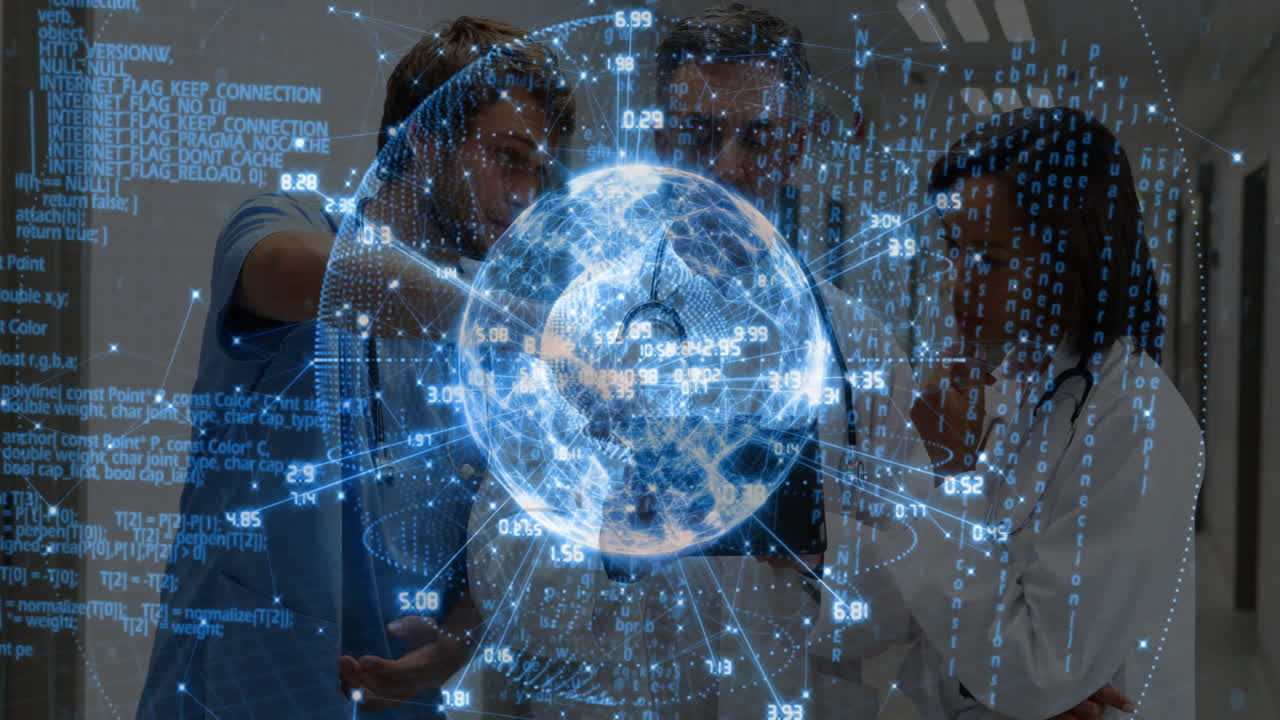 medical team examining holographic globe in hospital corridor, interacting with streaming code data