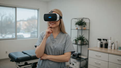 woman in scrubs using a vr headset in a medical clinic