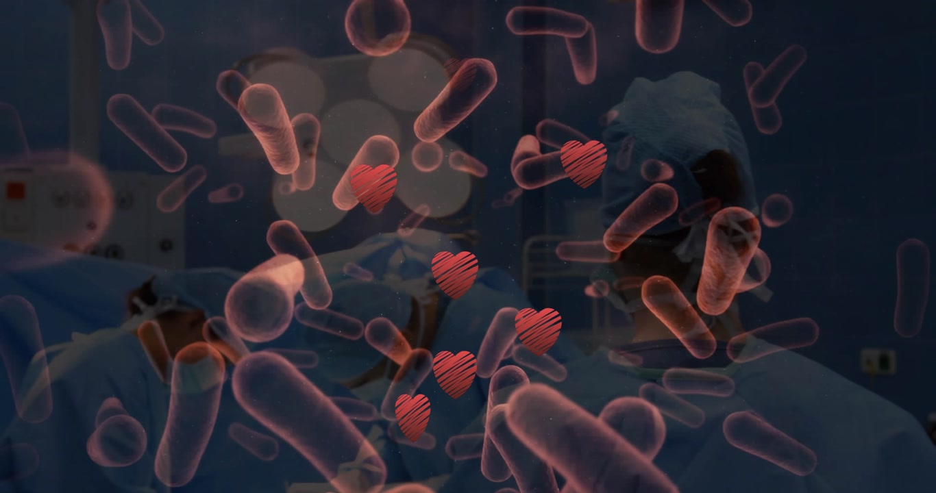 Animazione di cellule COVID fluttuanti su un filamento di DNA rotante.