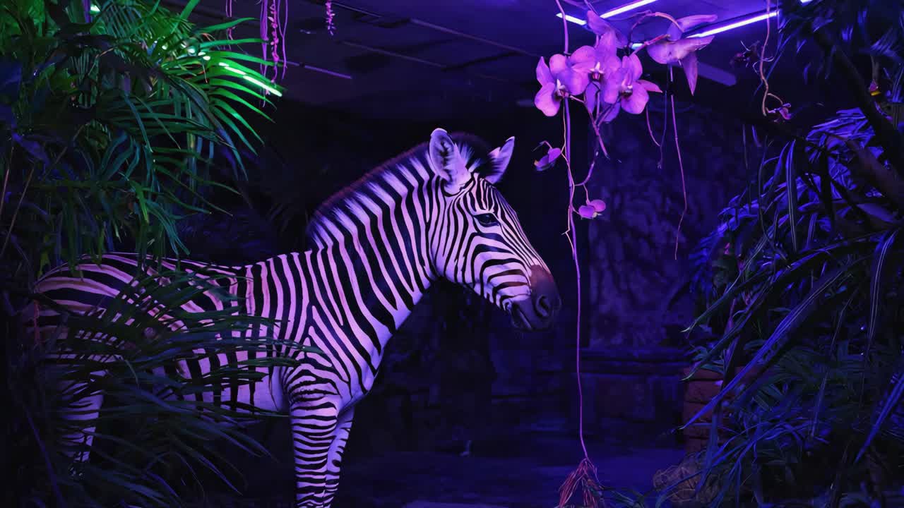 Neon-Lit Zebra in a Tropical Exhibit