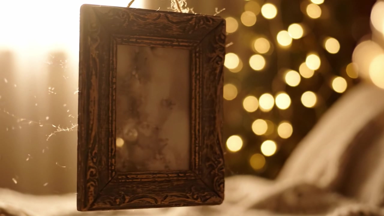 A Vintage Frame Adorned and Suspended in the Glow of Glittering Lights, Symbolizing Memories and Moments in Time, Against a Soft Cozy Background
