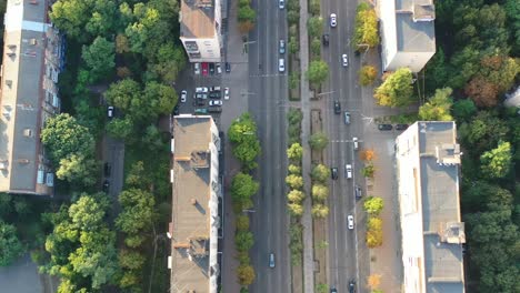 aerial drone video of downtown apartment buildings and cars on the highway in pecherskyi district of kyiv oblast ukraine during sunset