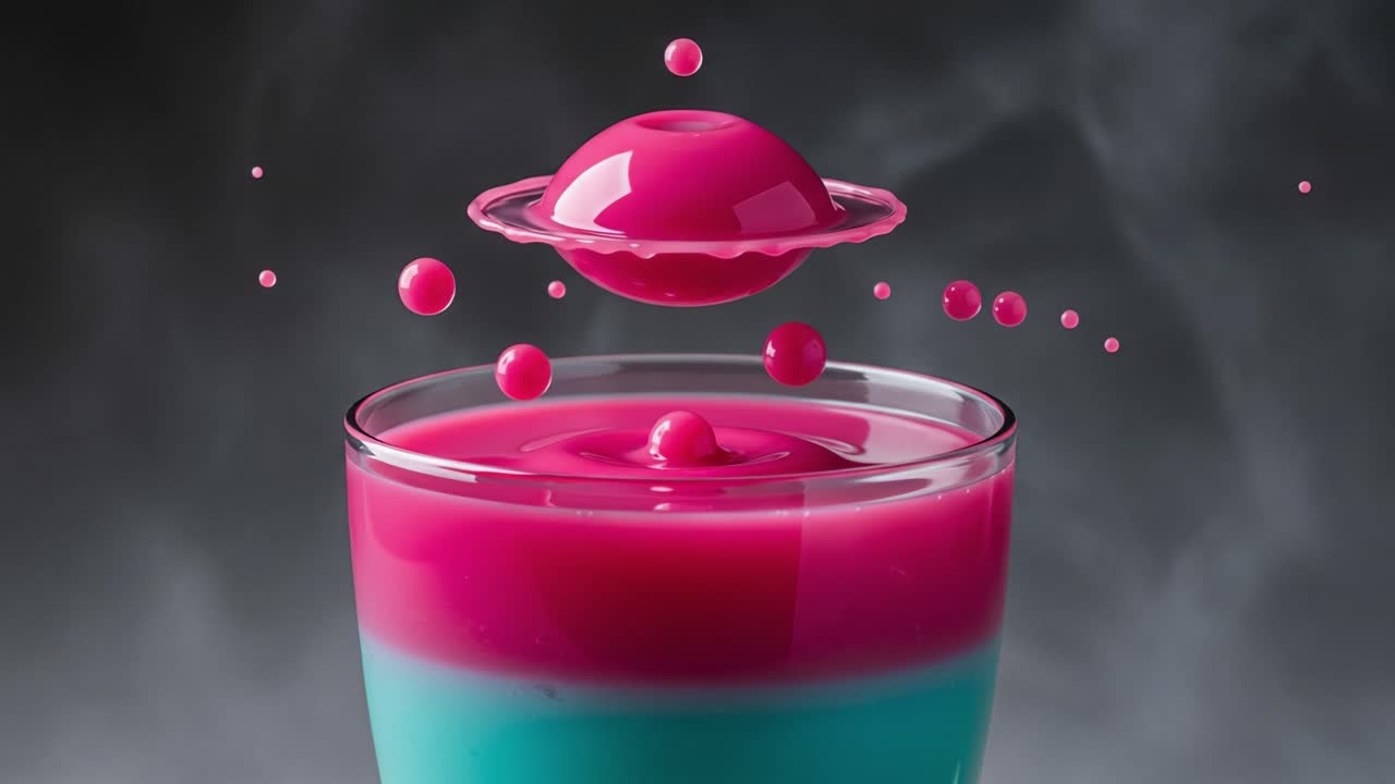 Captivating Visual of Floating Pink Dome Above Vibrant Layered Drink, Showcasing Artistic Fluid Dynamics and Stunning Color Contrast in a Unique Composition