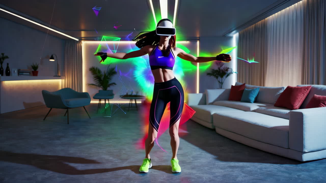 Donna che si allena con un visore per la realtà virtuale in un soggiorno moderno con grafiche digitali futuristiche
