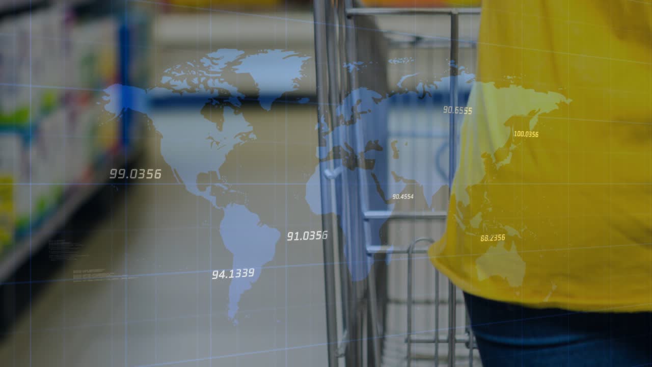 Woman pushing cart down market aisle, cart motion causing blue map overlay showing retail numbers