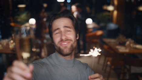 party man singing celebrating new year on restaurant friends group meeting.