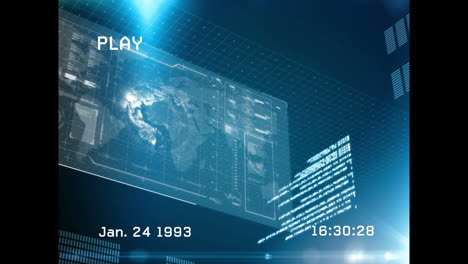 animación del procesamiento de datos y pantalla sobre fondo azul