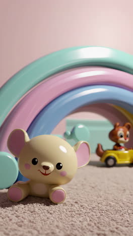 a cute toy mouse in a pastel-colored nursery with a rainbow