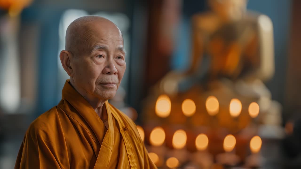 Senior monk wearing traditional orange robes meditates peacefully in a temple, a golden Buddha statue and glowing candles providing a serene backdrop