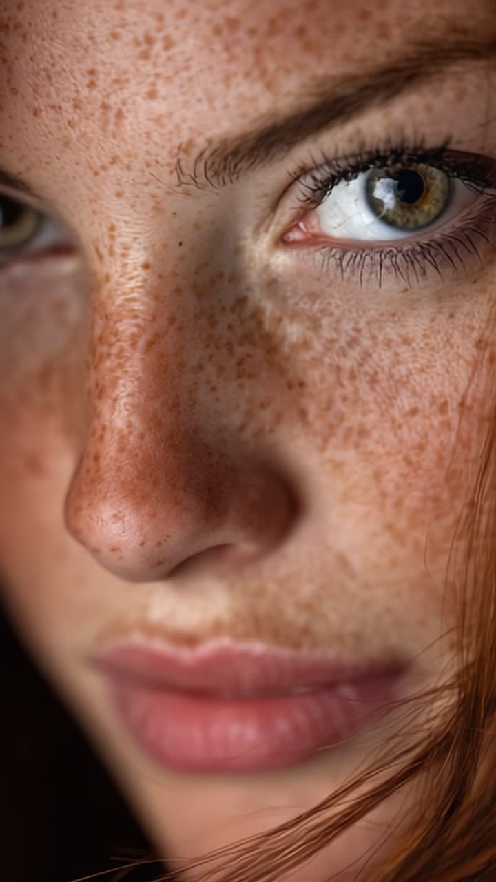 Ritratto in primo piano che evidenzia i tratti espressivi, la pelle dalla texture evidente e i colori unici degli occhi di una giovane donna con lentiggini e capelli lunghi, illuminata da luce naturale.