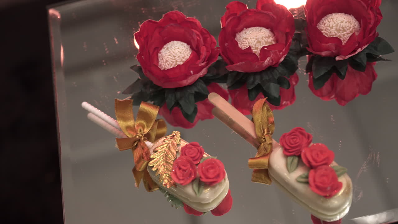 은 장미, 황금 리본, 황금 잎으로 장식 된 두 개의 케이크 팝이 반사 표면에 누워 있으며, 배경에는 큰 빨간 꽃이 있습니다.