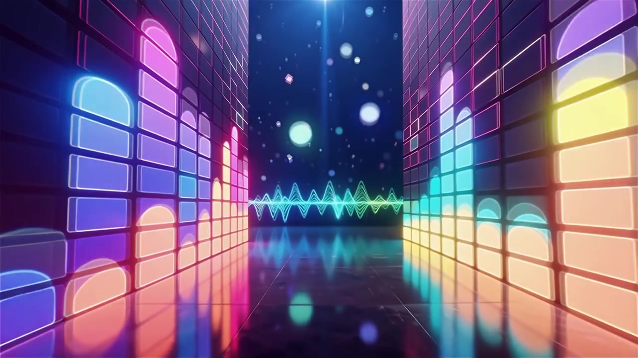 Futuristisk regnbuefarvet neon musik equalizer visualisering baggrund.