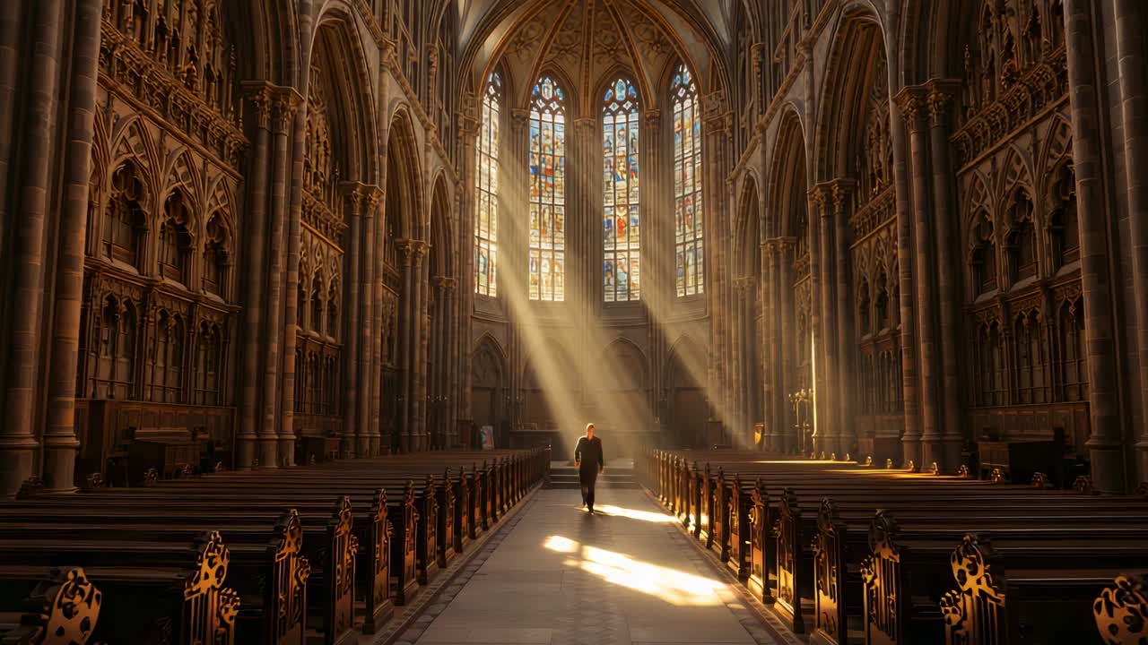 Walking visitor moving down Gothic cathedral nave after pausing in sunlight, with stone columns