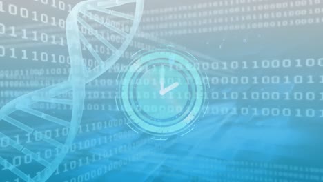 Animation-of-data-processing-and-dna-strand-over-clock-moving