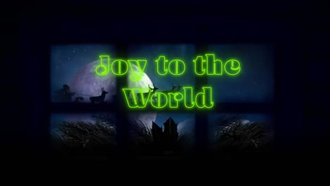 animación de alegría para el mundo texto sobre santa claus en trineo y luna llena