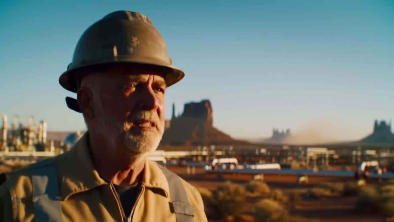 Worker Observes Vast Desert Landscape During Construction Project at Sunset Near Monument Valley