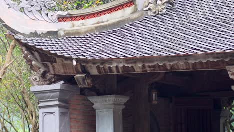 intricate temple roof with lush surroundings