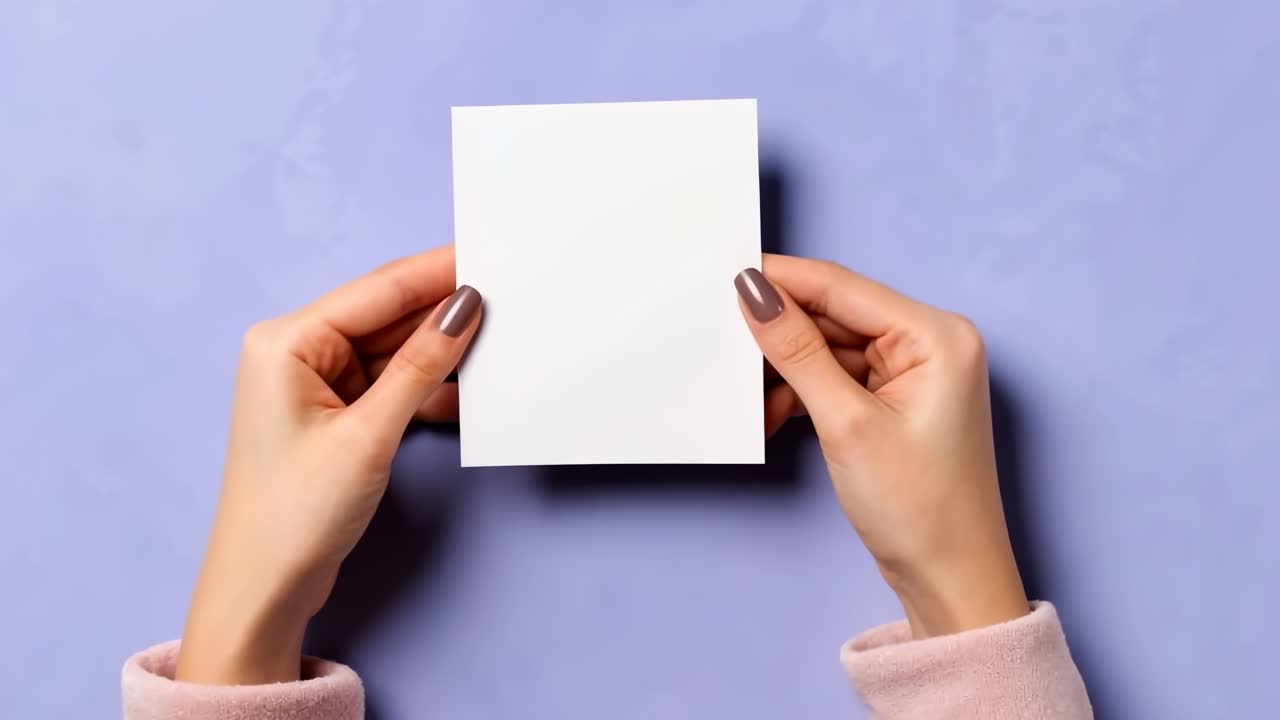 Vista dall'alto di mani che tengono un biglietto vuoto su uno sfondo color pastello, perfetto per un design minimalista