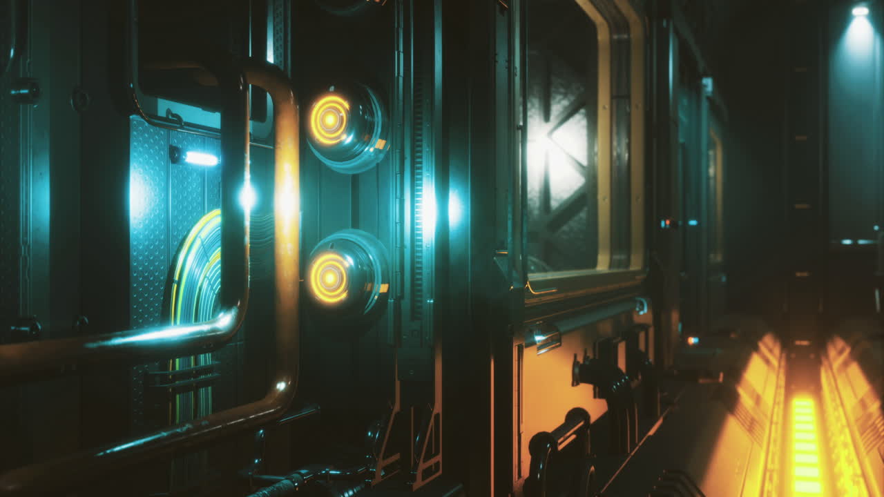 Corridoio futuristico con elementi luminosi in un ambiente di fantascienza di notte