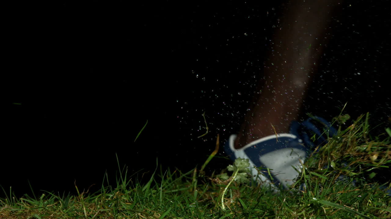 Football player kicking ball on grass