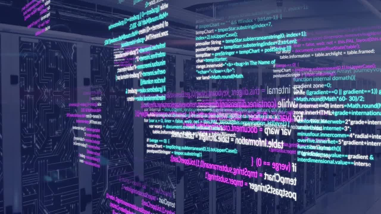 animação de linguagem de computador e padrão de placa de circuito sobre racks de servidores de dados na sala de servidores