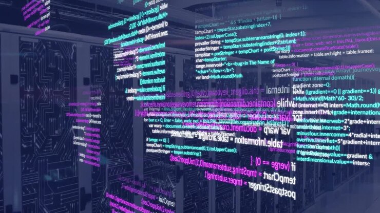 Animation of computer language and circuit board pattern over data server racks in server room