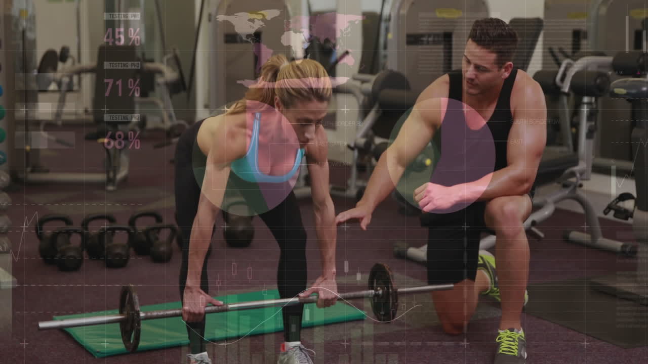 Fitness data animation over people exercising with barbell in gym