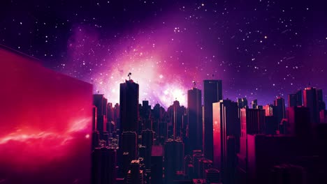 retro futuristic city flythrough seamless loop. 80s sci-fi landscape in space