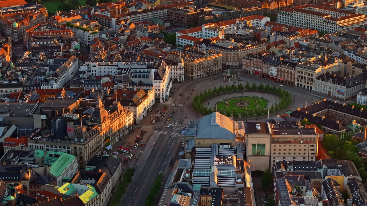Aerial drone view of the Kongens Nytorv public square in Copenhagen, Denmark