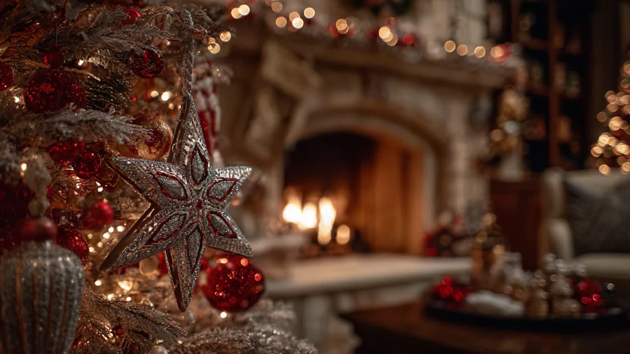 A Cozy Christmas Setting with a Sparkling Star Ornament Hanging from a Beautifully Decorated Tree, Featuring a Warm Fireplace and Holiday Cheer in the Background