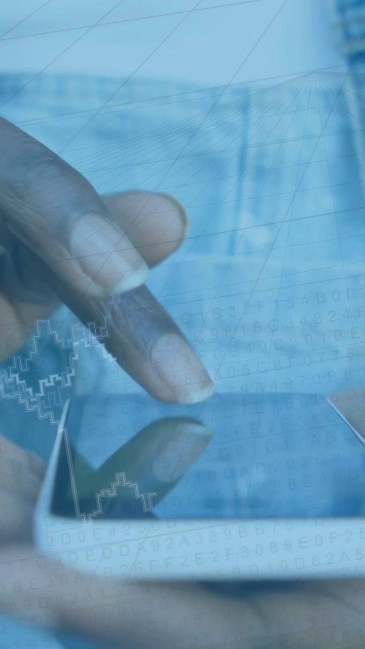 Video verticale: Dito indice femminile che tocca il telefono e rivela una sovrapposizione animata di grafici finanziari.