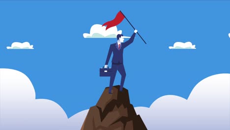 elegant businessman worker with success flag waving in the mountain
