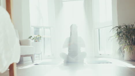 yoga, morning and woman sit in home with wellness