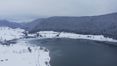 在冰湖和雪地景觀上空向前