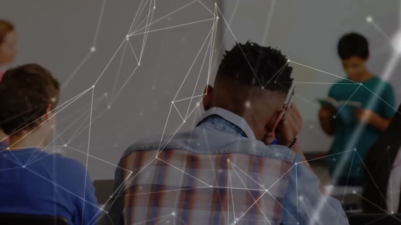 Animation of network of connections with icons over students at school