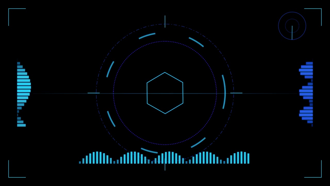 Futuristic Digital HUD Interface with Rotating Hexagon and Data Visualizations