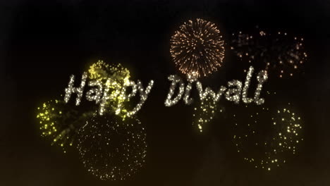 animación de feliz texto de diwali sobre las celebraciones de fuegos artificiales