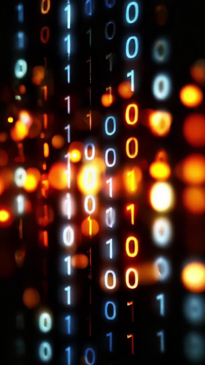 Abstract Representation of Binary Code with Vibrant Lights Against a Dark Background, Showcasing the Interplay of Data and Digital Aesthetics