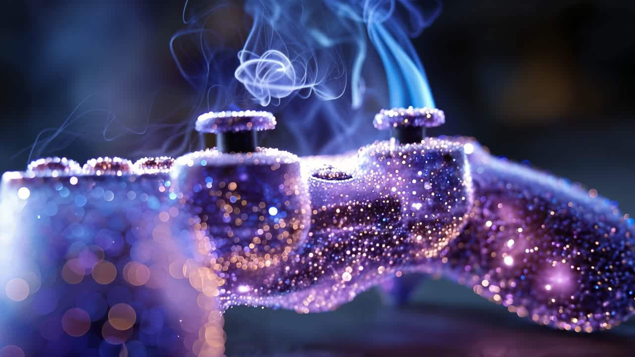 Purple glow wraps around gaming controller. Sparkling particles float near controller's edges. Smoke curls above the device gently. Blurred lights add depth to the background