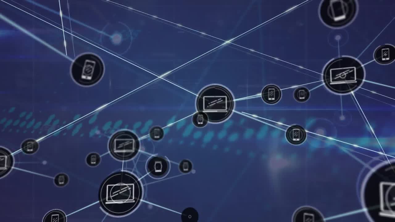 추상적인 배경의 선으로 연결된 전화 및 노트북 아이콘의 애니메이션