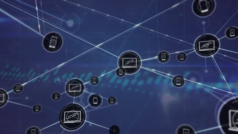 Animation of phone and laptop icons connected with lines on abstract background