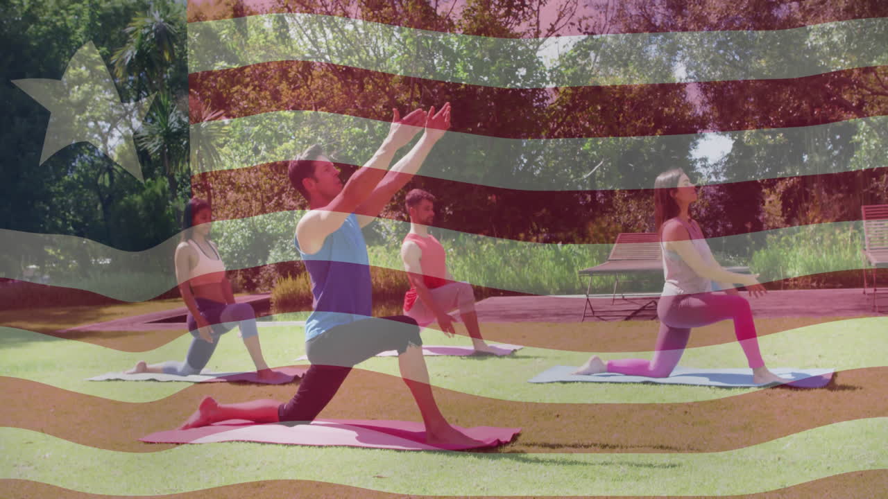 Practicing yoga outdoors, class with American flag overlay animation in background