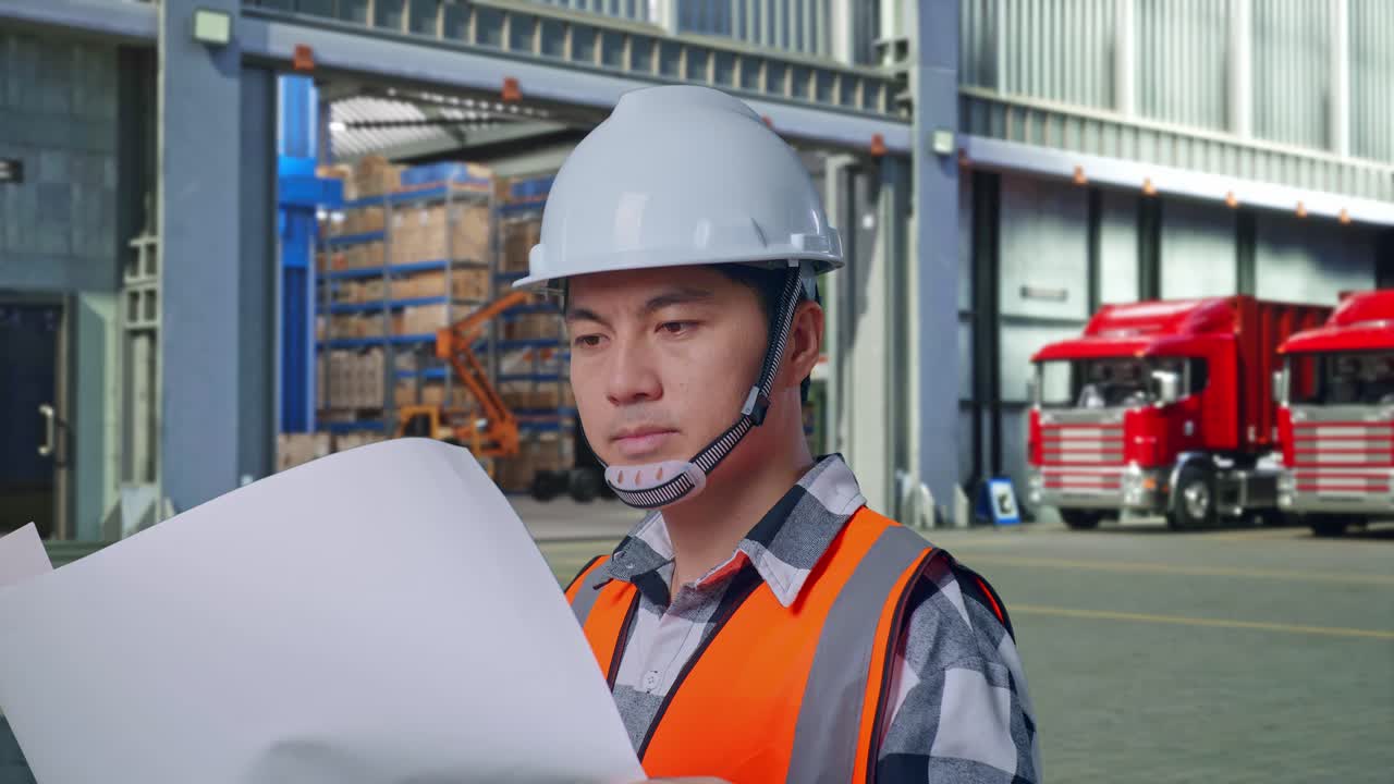 Close Up Side View Of Asian Male Engineer With Safety Helmet Looking At Blueprint In His Hands And Looking Around While Standing , Outside of Logistics Distributions Warehouse