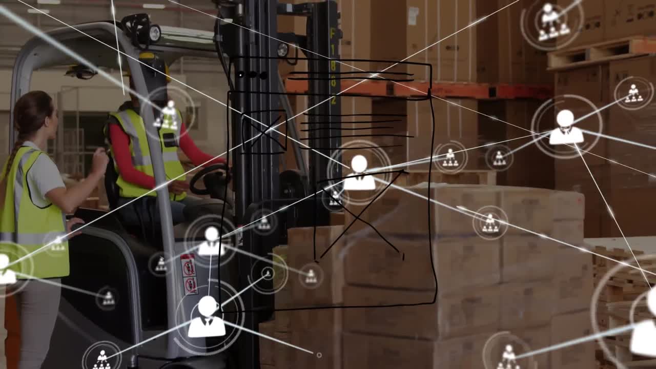 Animation of page drawing, connected icons over multiracial coworkers discussing in warehouse
