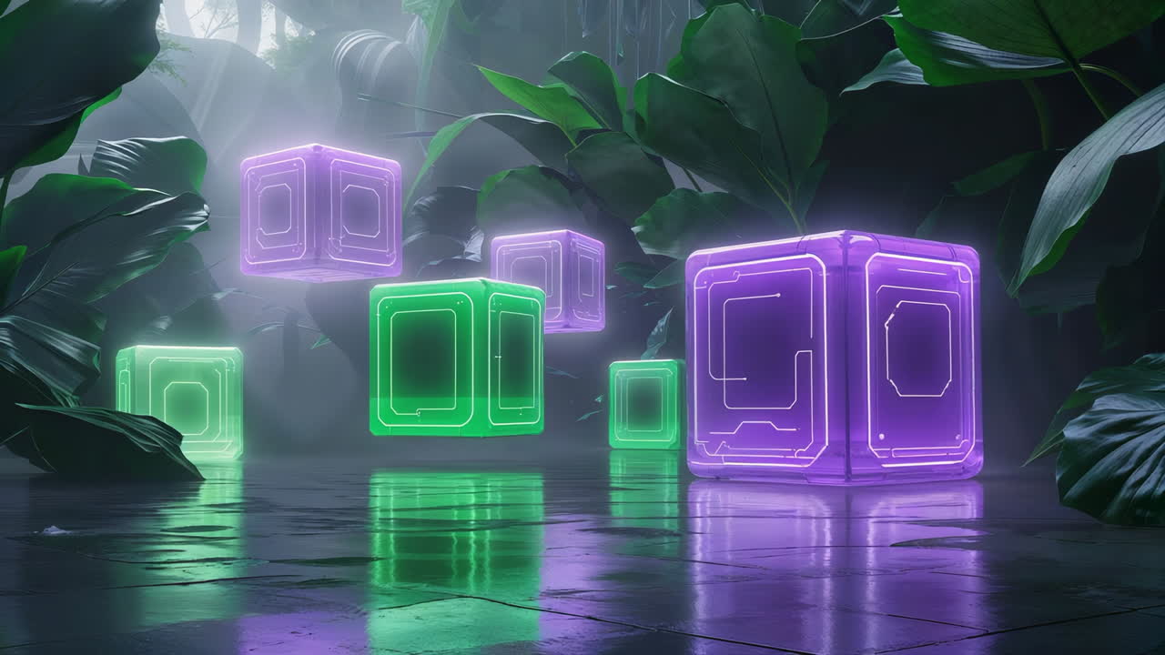 Glowing Neon Cubes in a Mysterious Jungle