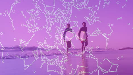woman and man running along wet sand beach, with floating node network graphics showing tech data