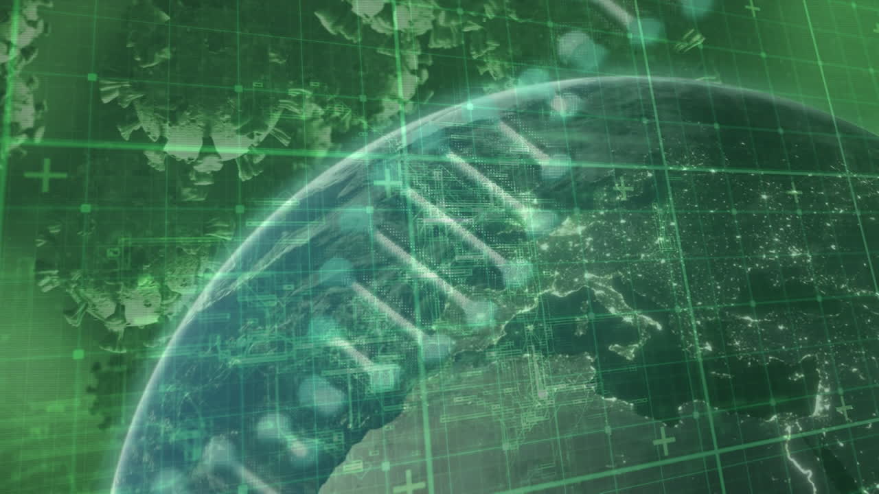 녹색 배경에 있는 지구와 바이러스 세포 위의 dna 가닥의 애니메이션