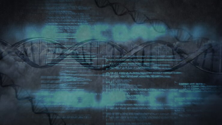 Data processing over spinning dna structures against grey background