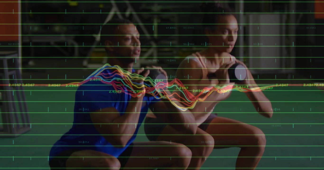 Man woman partners descending into goblet squats on gym turf waveform syncing to depth for fitness