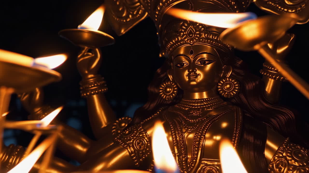 Golden Statue of Durga with Lamps